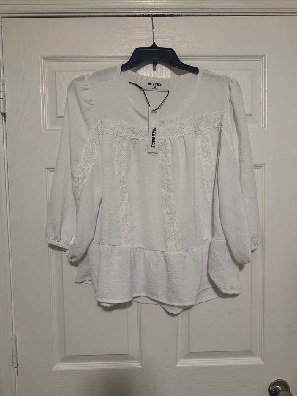 Inner Circle White Lace-Trim Peplum Blouse with 3/4 Puff Sleeves - Picture 2 of 5